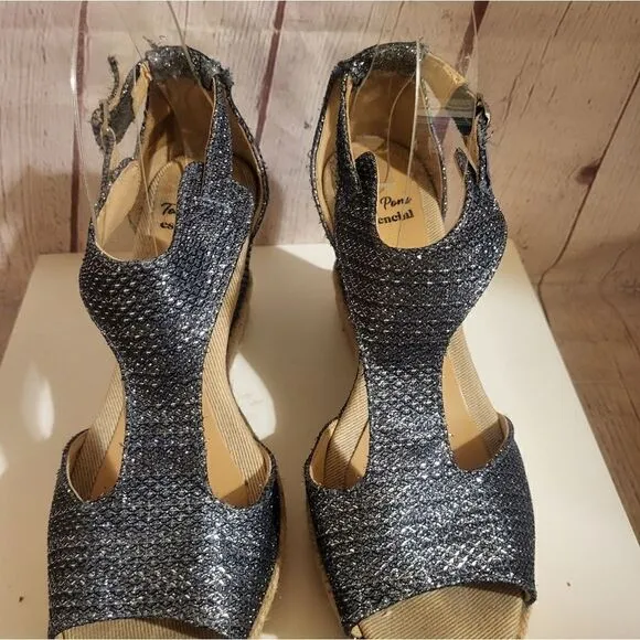 Toni Pons Essencial Navy Metallic Canvas Strappy Jute Wedge Sandals 8.5M/39 $179