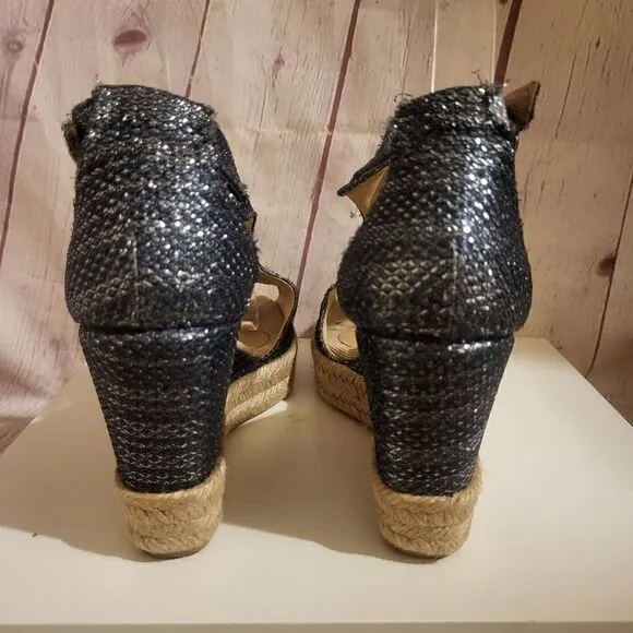 Toni Pons Essencial Navy Metallic Canvas Strappy Jute Wedge Sandals 8.5M/39 $179