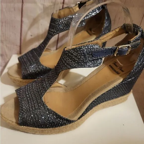 Toni Pons Essencial Navy Metallic Canvas Strappy Jute Wedge Sandals 8.5M/39 $179