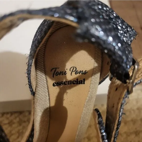 Toni Pons Essencial Navy Metallic Canvas Strappy Jute Wedge Sandals 8.5M/39 $179