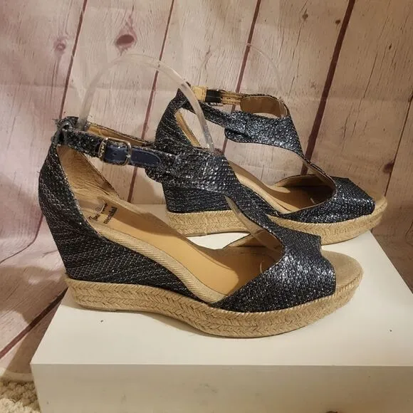 Toni Pons Essencial Navy Metallic Canvas Strappy Jute Wedge Sandals 8.5M/39 $179