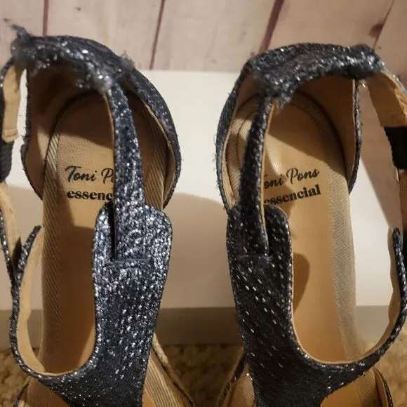 Toni Pons Essencial Navy Metallic Canvas Strappy Jute Wedge Sandals 8.5M/39 $179