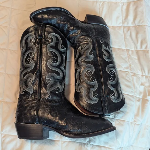 Tony Lama Black and Silver Cowboy Boots with Intricate Design. Ful Quill Ostrich