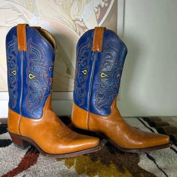 TONY LAMA Western Orange Blue Cowboy Boots w/ Yellow &amp; Orange Stitching 7B