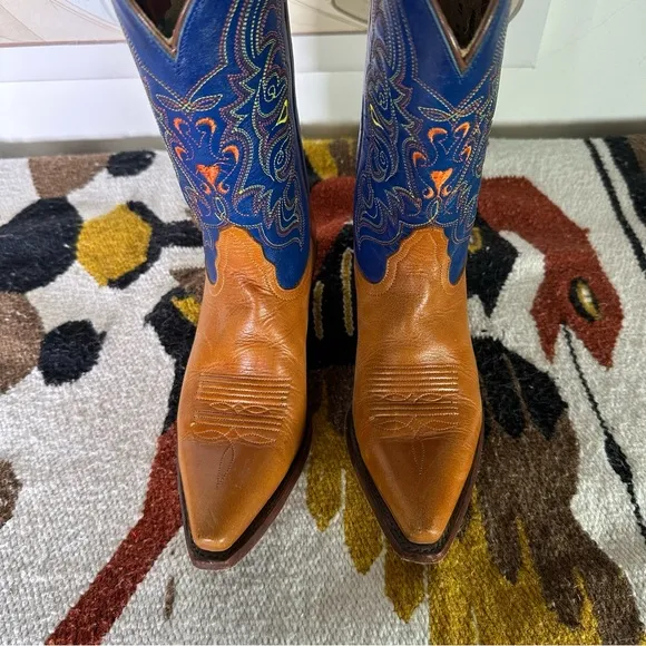TONY LAMA Western Orange Blue Cowboy Boots w/ Yellow &amp; Orange Stitching 7B