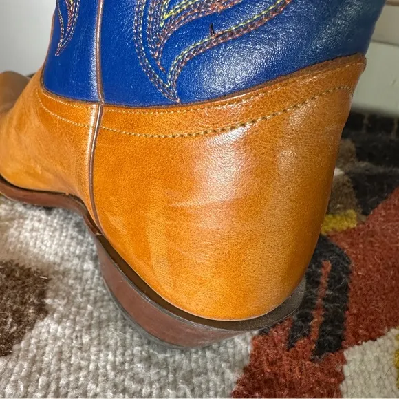 TONY LAMA Western Orange Blue Cowboy Boots w/ Yellow &amp; Orange Stitching 7B