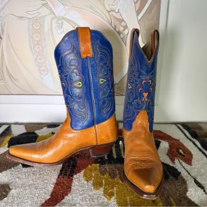 TONY LAMA Western Orange Blue Cowboy Boots w/ Yellow &amp; Orange Stitching 7B