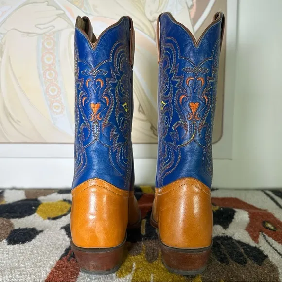 TONY LAMA Western Orange Blue Cowboy Boots w/ Yellow &amp; Orange Stitching 7B