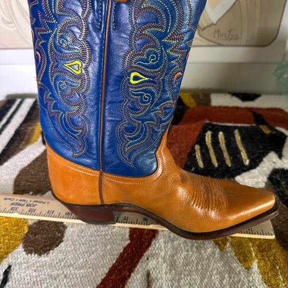 TONY LAMA Western Orange Blue Cowboy Boots w/ Yellow &amp; Orange Stitching 7B