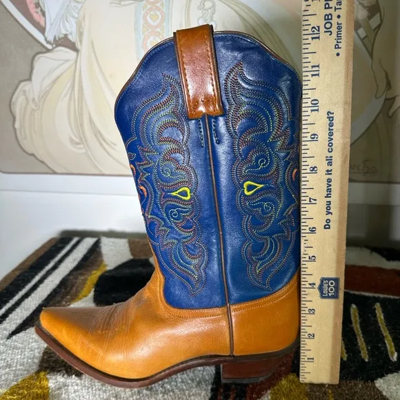 TONY LAMA Western Orange Blue Cowboy Boots w/ Yellow &amp; Orange Stitching 7B