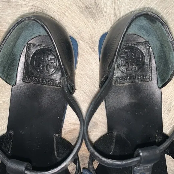 Tory Burch Aurora Leather Studded Ankle-Strap Sandals Blue and Black Size: 6