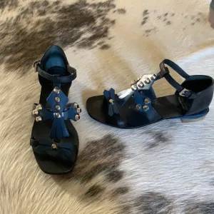 Tory Burch Aurora Leather Studded Ankle-Strap Sandals Blue and Black Size: 6