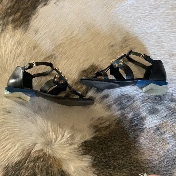 Tory Burch Aurora Leather Studded Ankle-Strap Sandals Blue and Black Size: 6