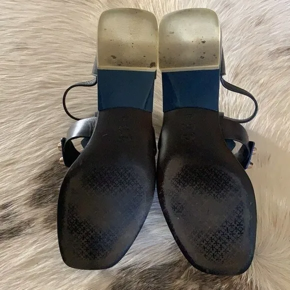 Tory Burch Aurora Leather Studded Ankle-Strap Sandals Blue and Black Size: 6