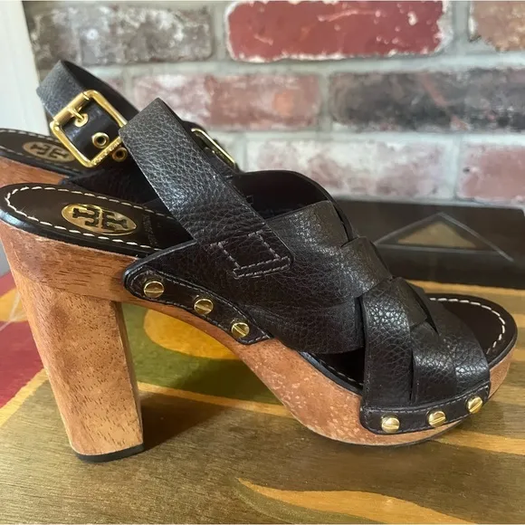Tory Burch Brown Leather Chunky High Heel Sandals. Women’s Size 7.5.