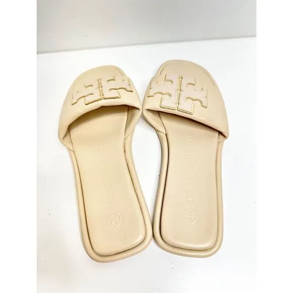 Tory Burch Double T Sport Slides Womens 5.5 Cream Slide on Sandals
