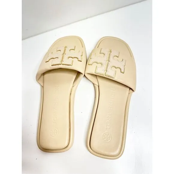 Tory Burch Double T Sport Slides Womens 5.5 Cream Slide on Sandals