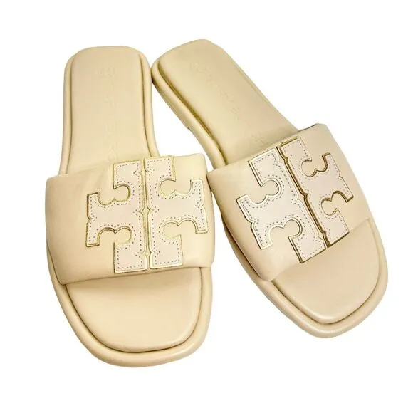 Tory Burch Double T Sport Slides Womens 5.5 Cream Slide on Sandals