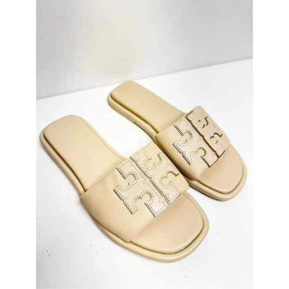 Tory Burch Double T Sport Slides Womens 5.5 Cream Slide on Sandals