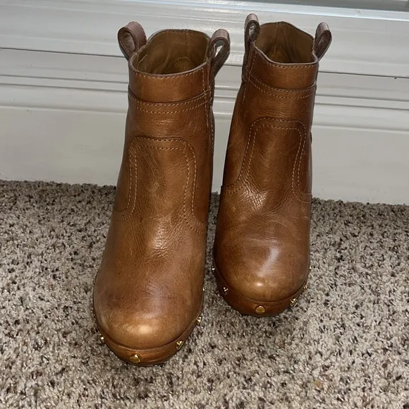 TORY BURCH Ginevra Boots Brown Leather Boho Platform Studded Ankle Bootie