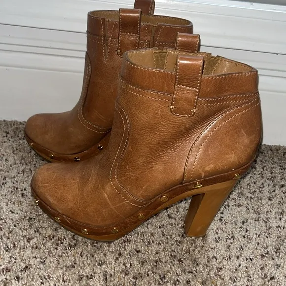 TORY BURCH Ginevra Boots Brown Leather Boho Platform Studded Ankle Bootie