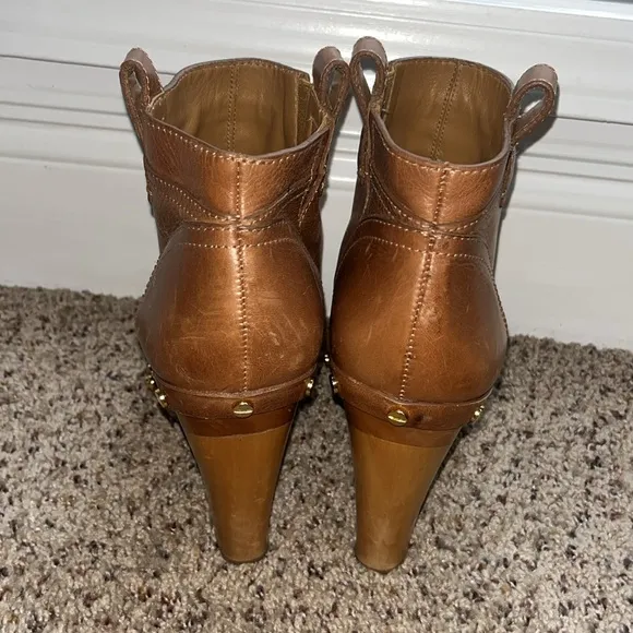 TORY BURCH Ginevra Boots Brown Leather Boho Platform Studded Ankle Bootie