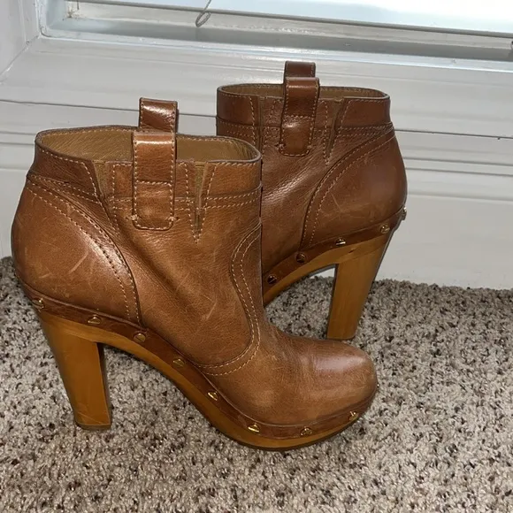 TORY BURCH Ginevra Boots Brown Leather Boho Platform Studded Ankle Bootie