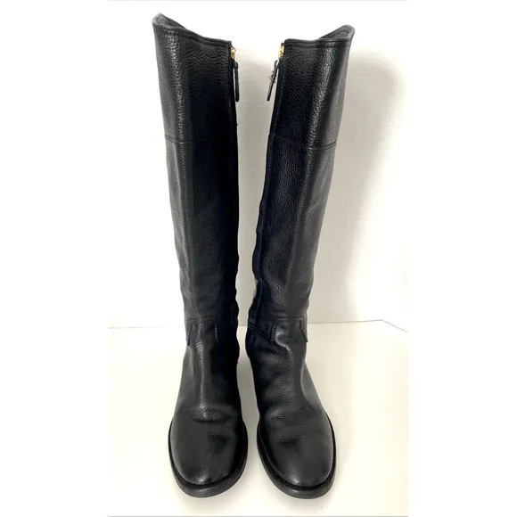 Tory Burch Junction Riding Boot Black Tall Leather Logo Round Toe Classic 6.5