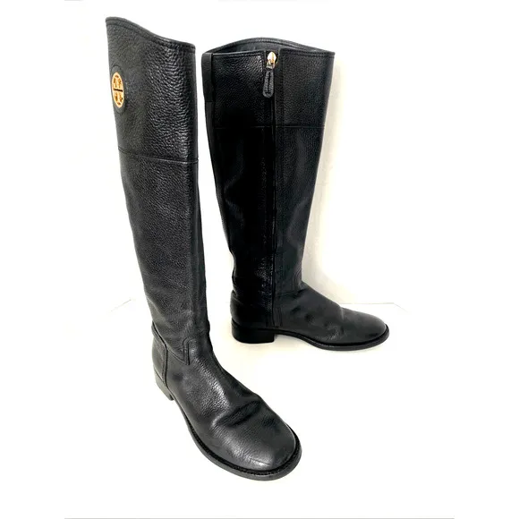 Tory Burch Junction Riding Boot Black Tall Leather Logo Round Toe Classic 6.5