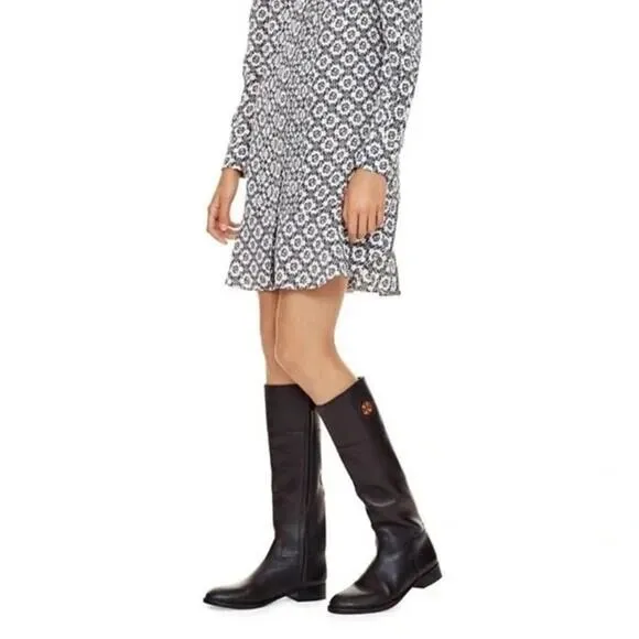 Tory Burch Junction Riding Boot Black Tall Leather Logo Round Toe Classic 6.5
