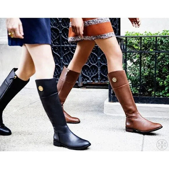 Tory Burch Junction Riding Boot Black Tall Leather Logo Round Toe Classic 6.5