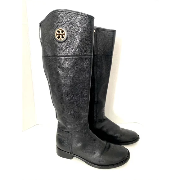 Tory Burch Junction Riding Boot Black Tall Leather Logo Round Toe Classic 6.5