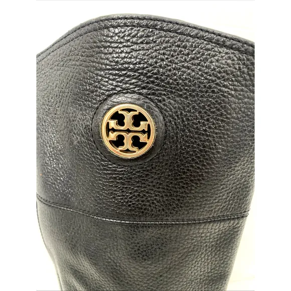 Tory Burch Junction Riding Boot Black Tall Leather Logo Round Toe Classic 6.5
