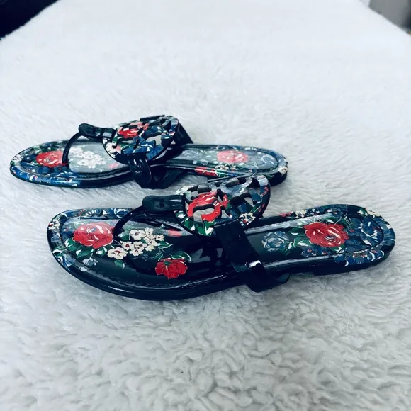 Tory Burch Miller Patent Leather Navy base Multicolor Rose Sandals size 7 M
