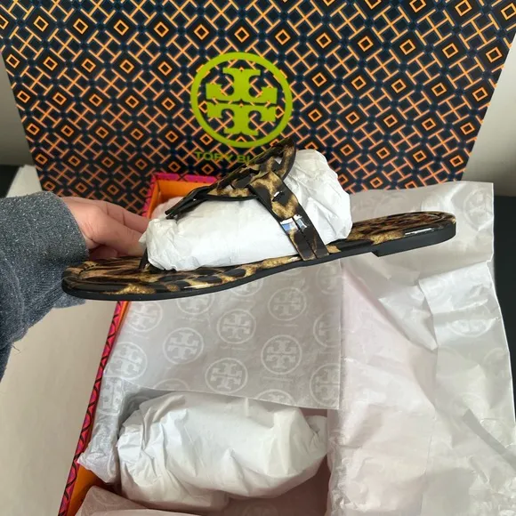 Tory Burch Miller Printed Patent Sandal Natural Leopard Size 6 Tan Brown