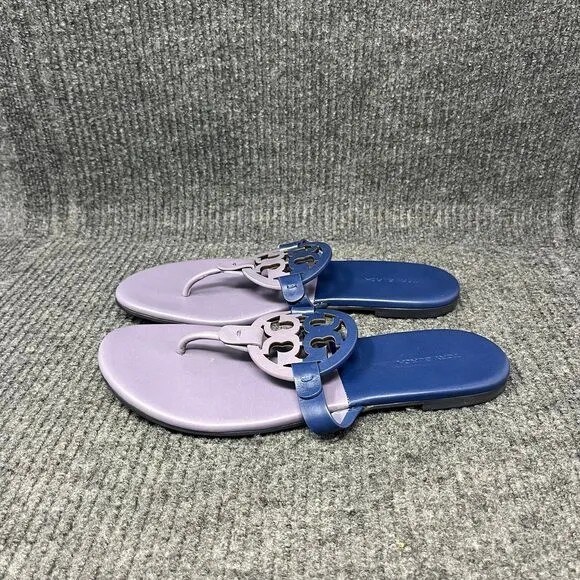 Tory Burch Miller Soft Sandals Logo Leather Lotus Bermuda Blue Purple Womens 9 M