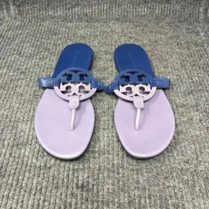 Tory Burch Miller Soft Sandals Logo Leather Lotus Bermuda Blue Purple Womens 9 M