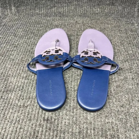 Tory Burch Miller Soft Sandals Logo Leather Lotus Bermuda Blue Purple Womens 9 M