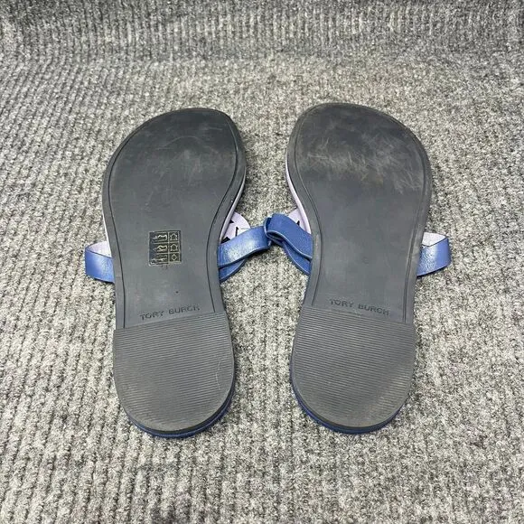 Tory Burch Miller Soft Sandals Logo Leather Lotus Bermuda Blue Purple Womens 9 M