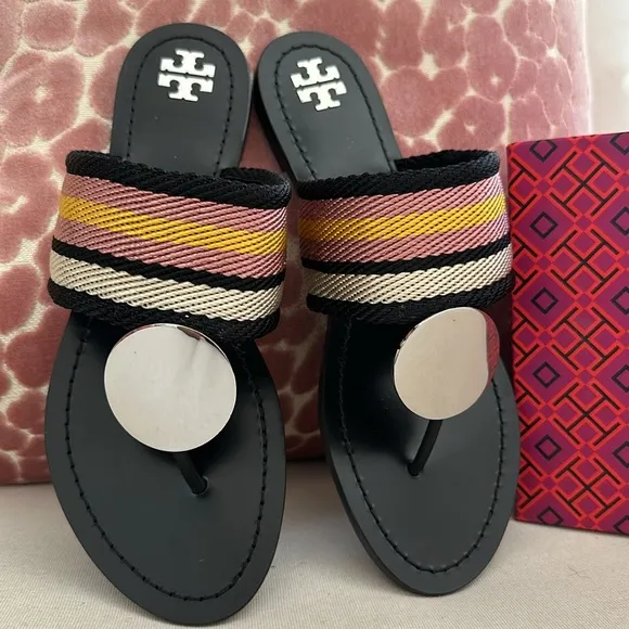 Tory Burch Patos disk sandals webbing calf leather black stripe black 9