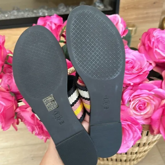Tory Burch Patos disk sandals webbing calf leather black stripe black 9