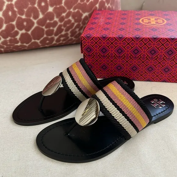 Tory Burch Patos disk sandals webbing calf leather black stripe black 9