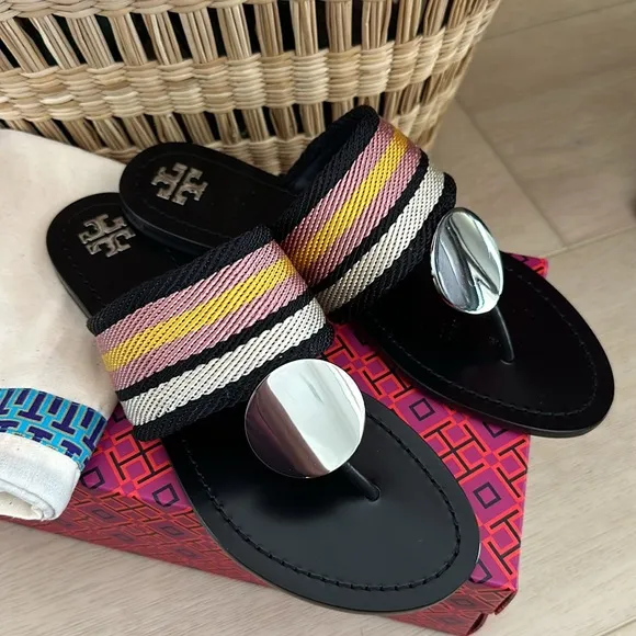 Tory Burch Patos disk sandals webbing calf leather black stripe black 9