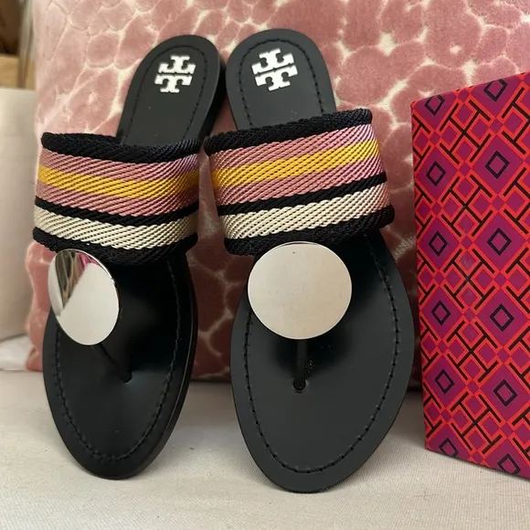 Tory Burch Patos disk sandals webbing calf leather black stripe black 9