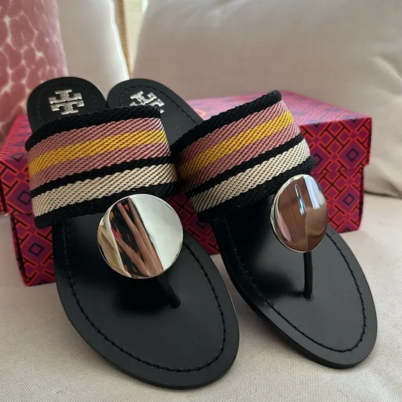 Tory Burch Patos disk sandals webbing calf leather black stripe black 9