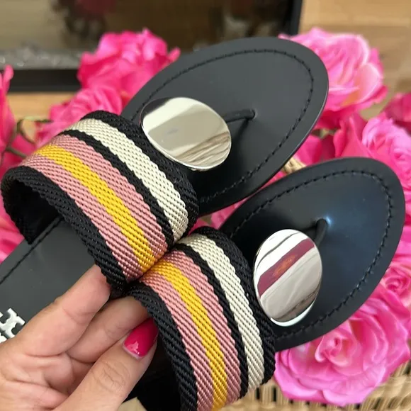 Tory Burch Patos disk sandals webbing calf leather black stripe black 9