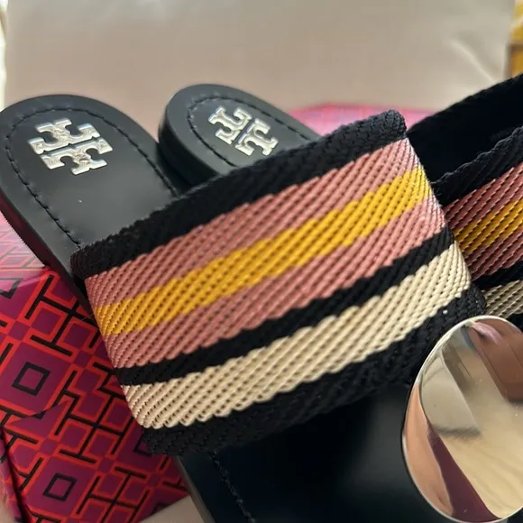 Tory Burch Patos disk sandals webbing calf leather black stripe black 9