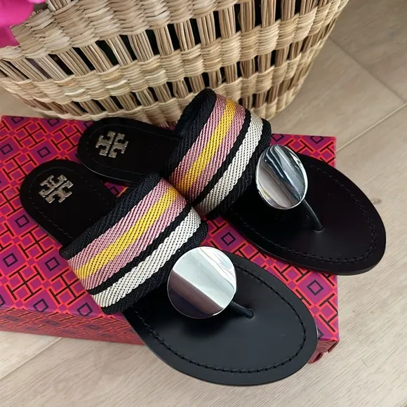 Tory Burch Patos disk sandals webbing calf leather black stripe black 9