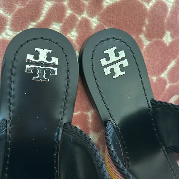 Tory Burch Patos disk sandals webbing calf leather black stripe black 9