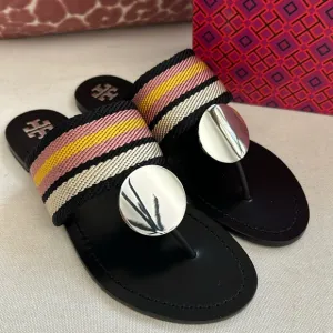 Tory Burch Patos disk sandals webbing calf leather black stripe black 9